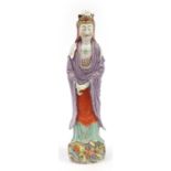 Large Chinese porcelain figure of Guanyin hand painted with flowers, 51.5cm high
