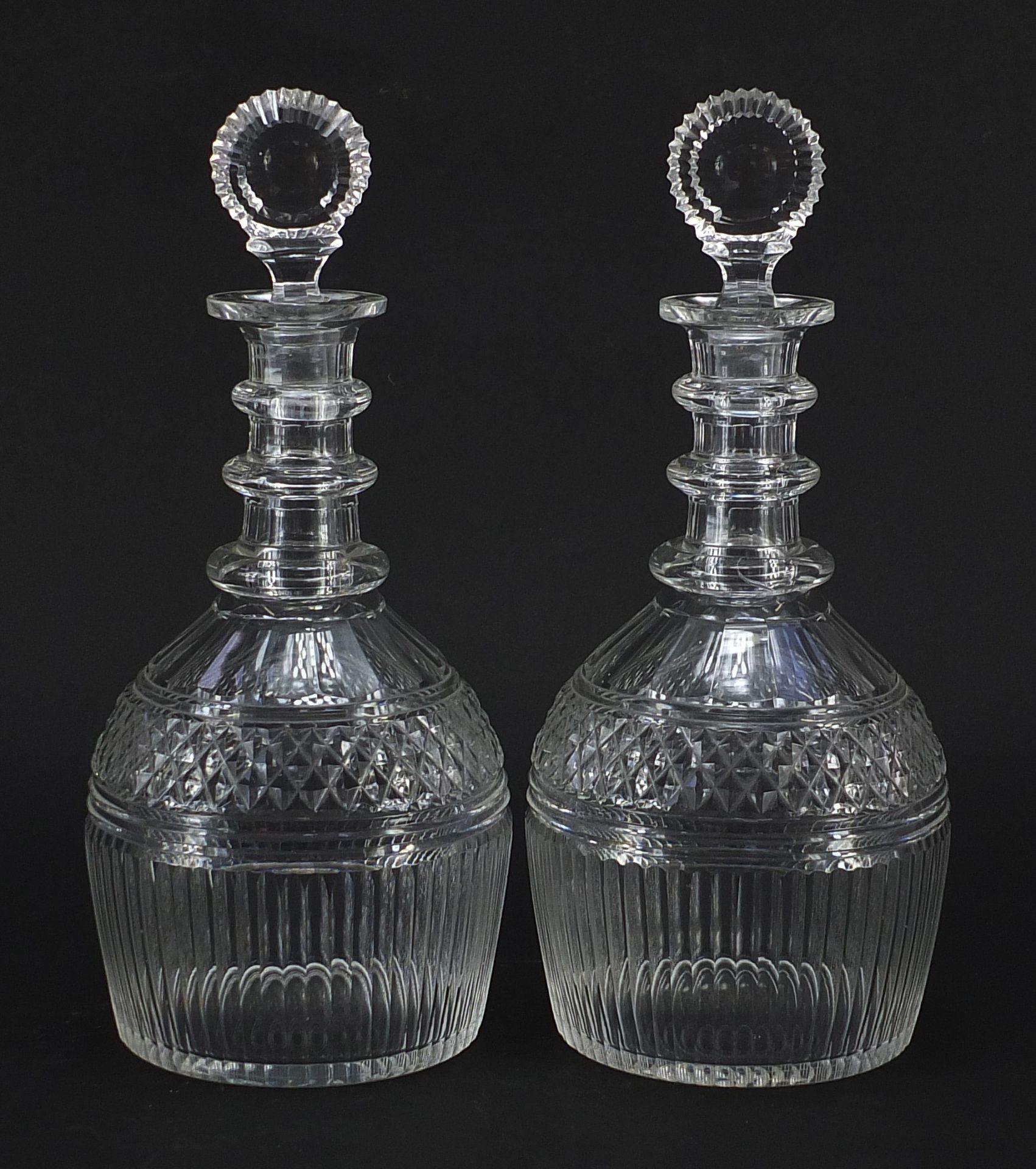 Pair of 18th century cut glass Prussian shape decanters with three rings with stoppers, each 28cm - Image 2 of 3