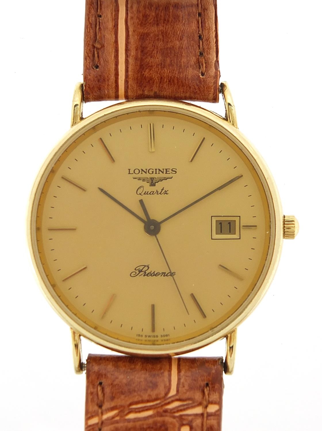 Longines, gentlemen's 9ct gold Longines Presence wristwatch with date aperture, the case numbered