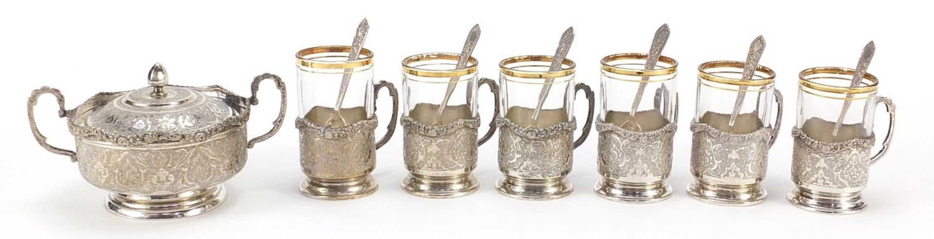 Persian silver twin handled bowl and cover and set of six silver and glass cups with silver