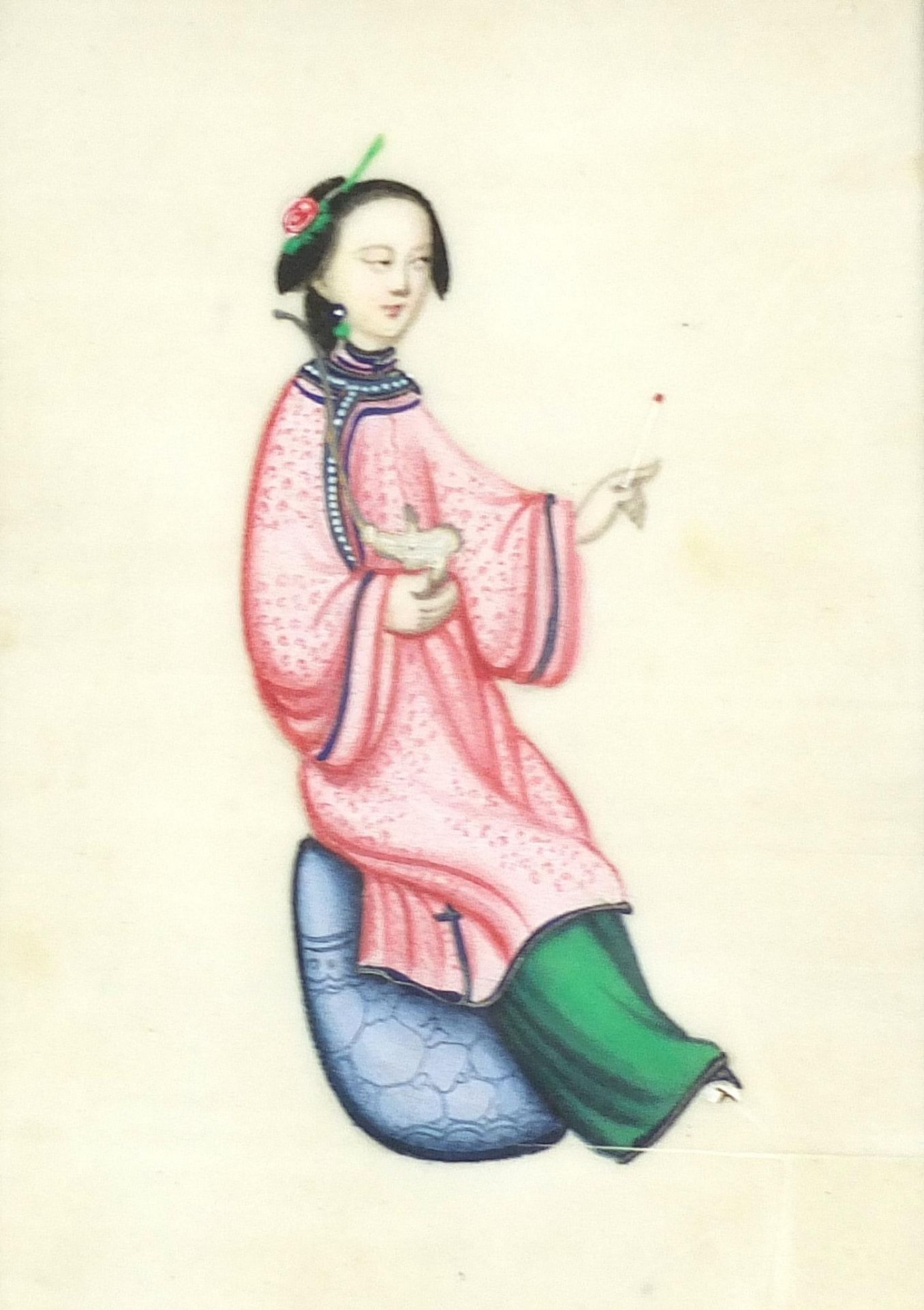 Attendants and females playing musical instruments, set of five Chinese watercolours on pith - Image 14 of 16