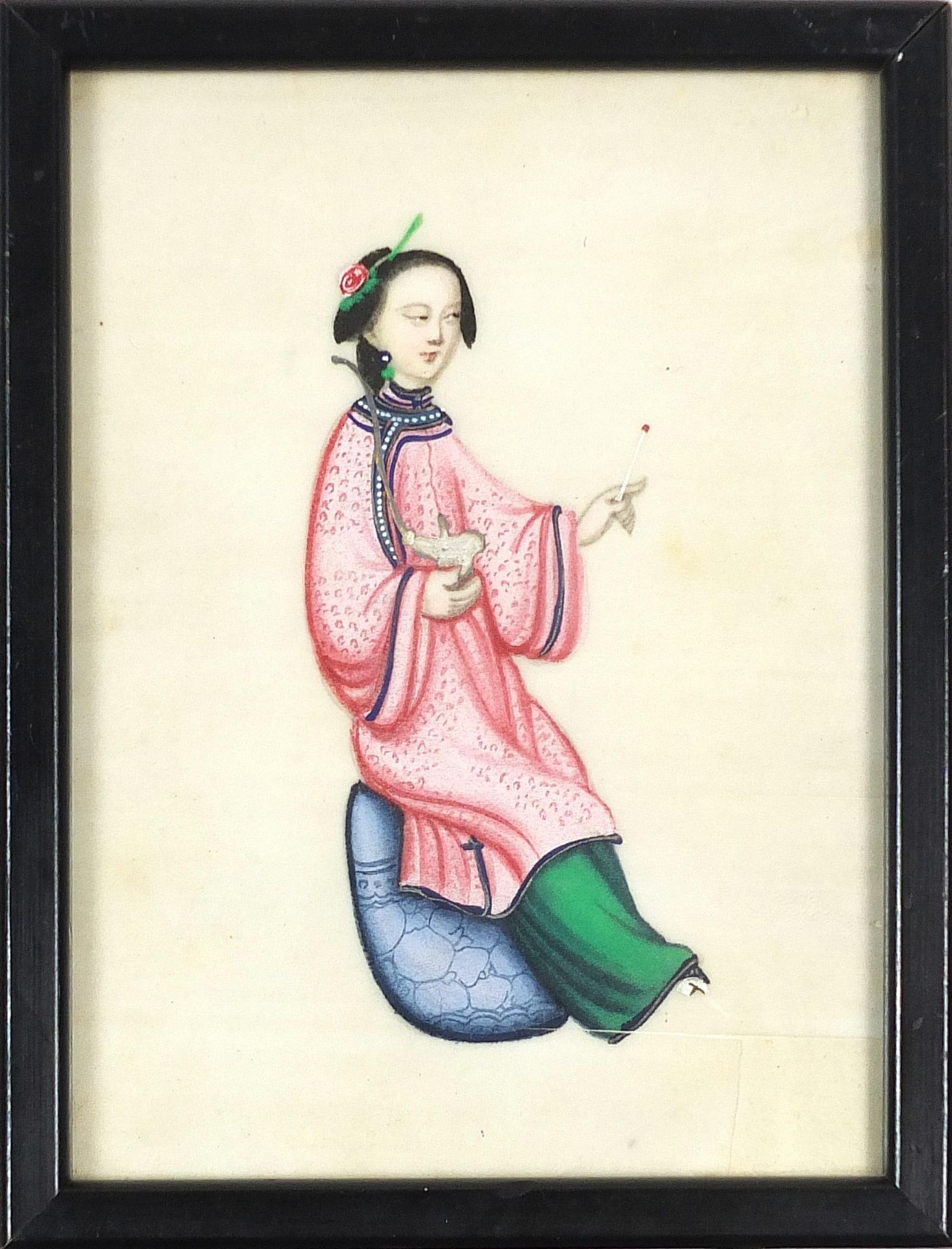 Attendants and females playing musical instruments, set of five Chinese watercolours on pith - Image 15 of 16