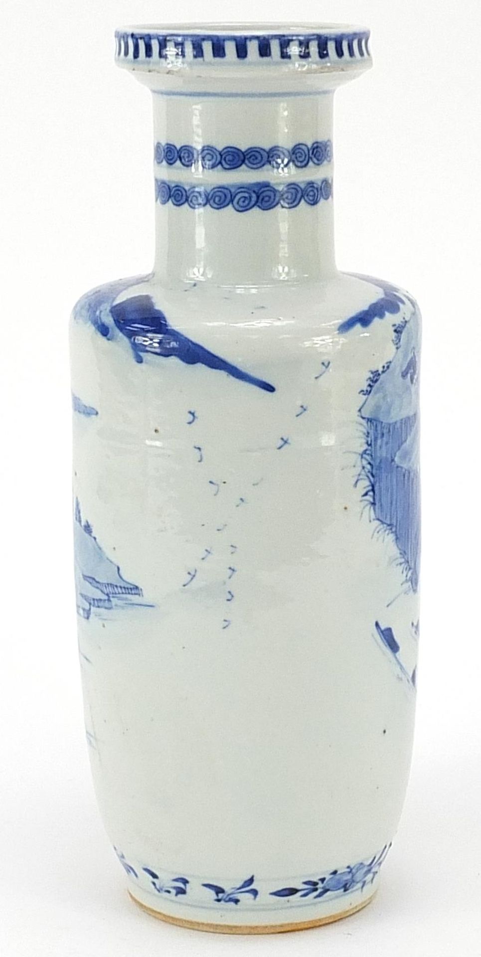 Chinese blue and white porcelain Rouleau vase hand painted with a figure crossing a bridge in a - Image 2 of 4