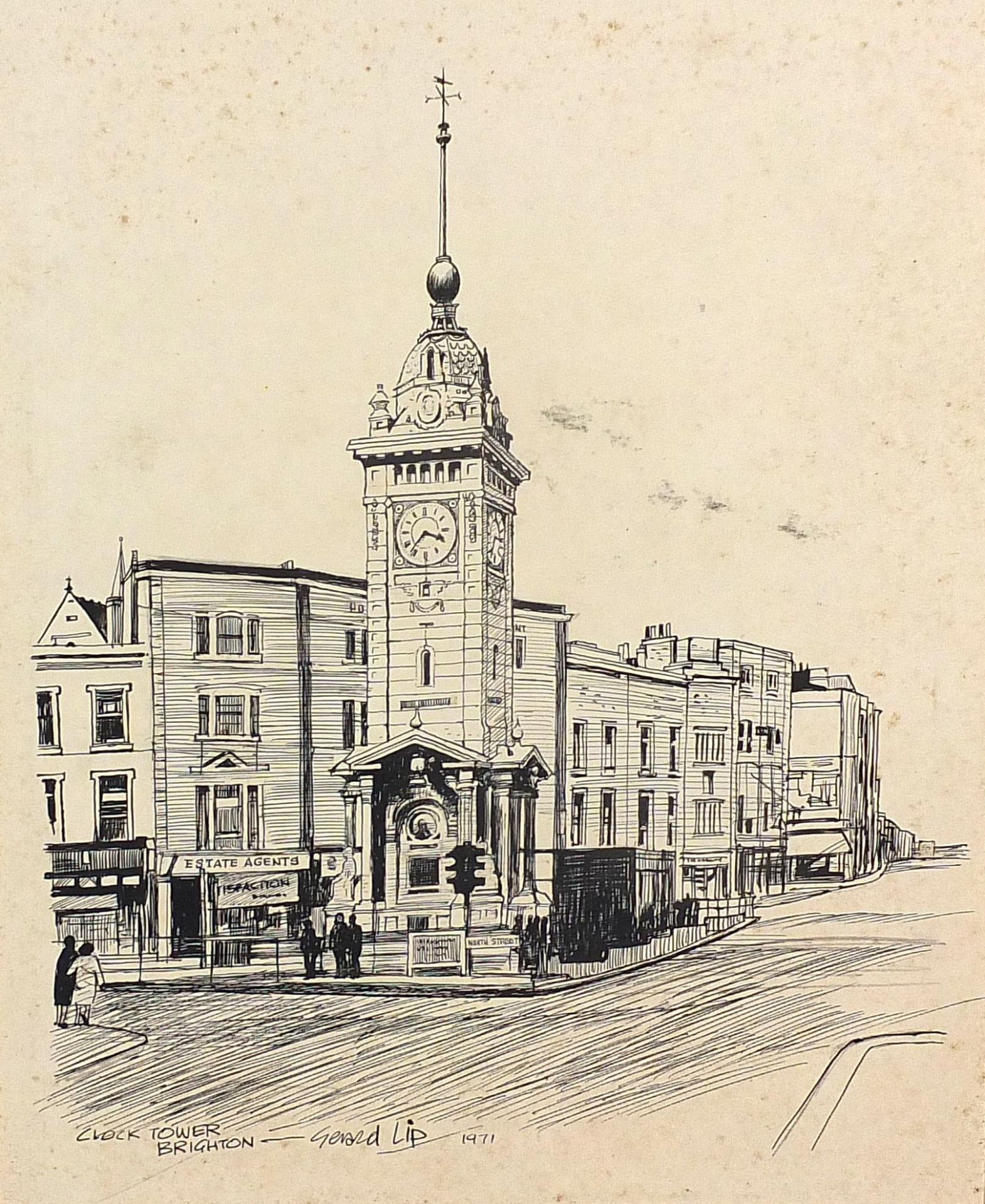 Gerald Lip 1971 - The Pepper Box and Clocktower Brighton, two pen and inks on card, one mounted, - Image 5 of 8