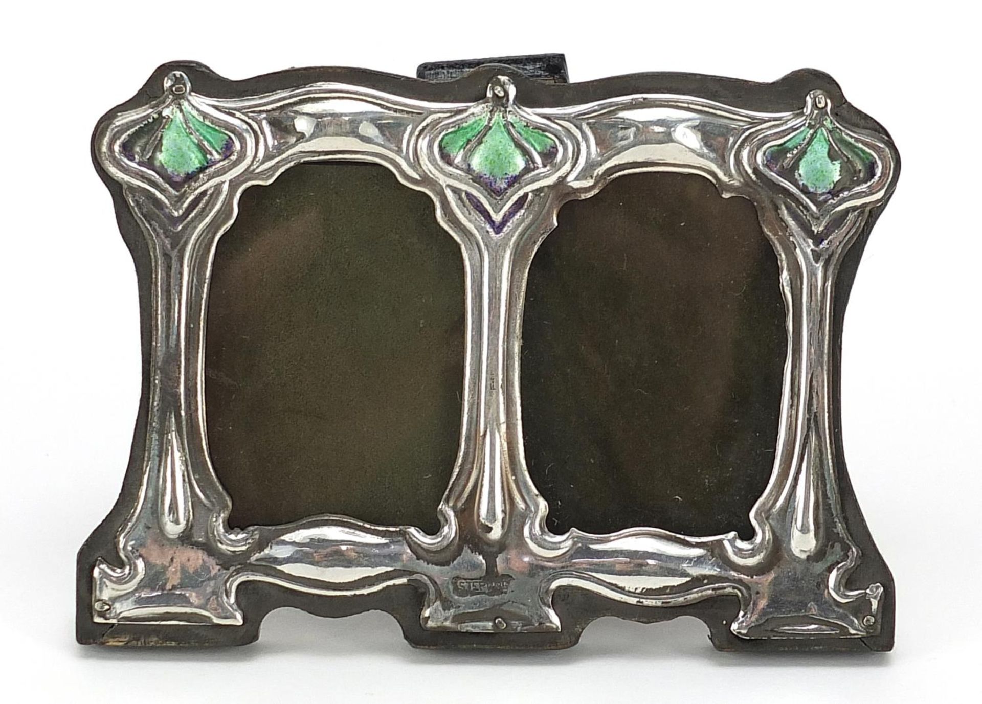 Art Nouveau sterling silver and enamel double easel photo frame, 8cm high x 11cm wide