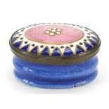 18th century Bilston enamel patch box with mirrored back, 5cm wide