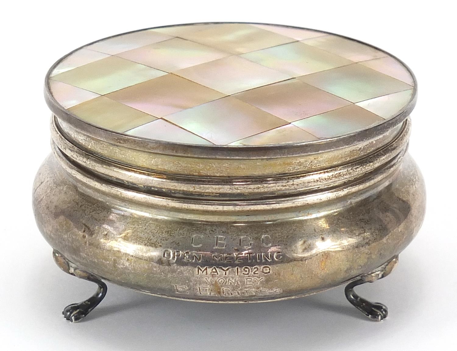 Synyer & Beddoes, George V silver and mother of pearl jewel box with hinged lid and raised on