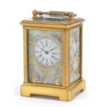 Miniature brass cased carriage clock with Sevres style panels, 6cm high