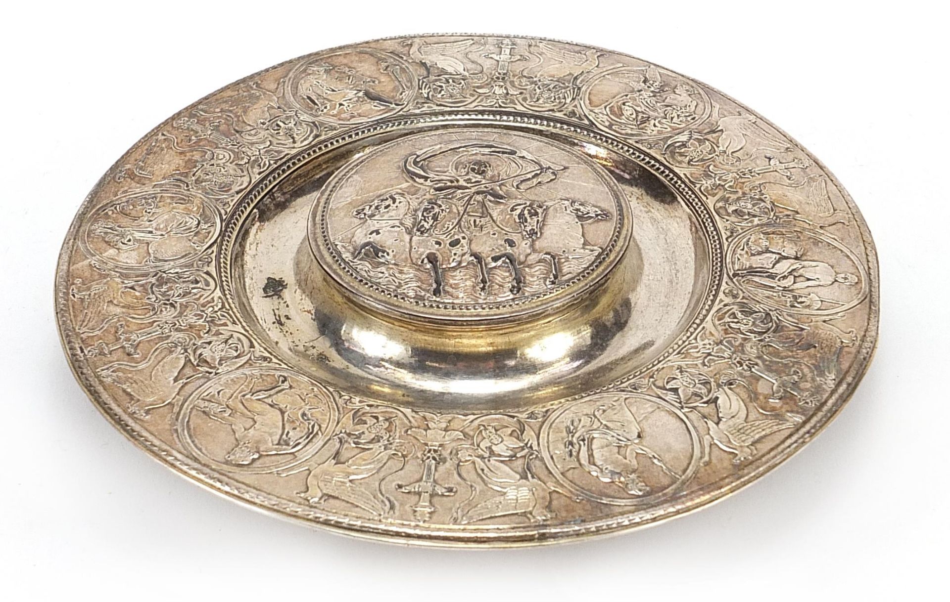 Elkington & Co, Egyptian revival silver plated inkwell decorated in low relief with classical