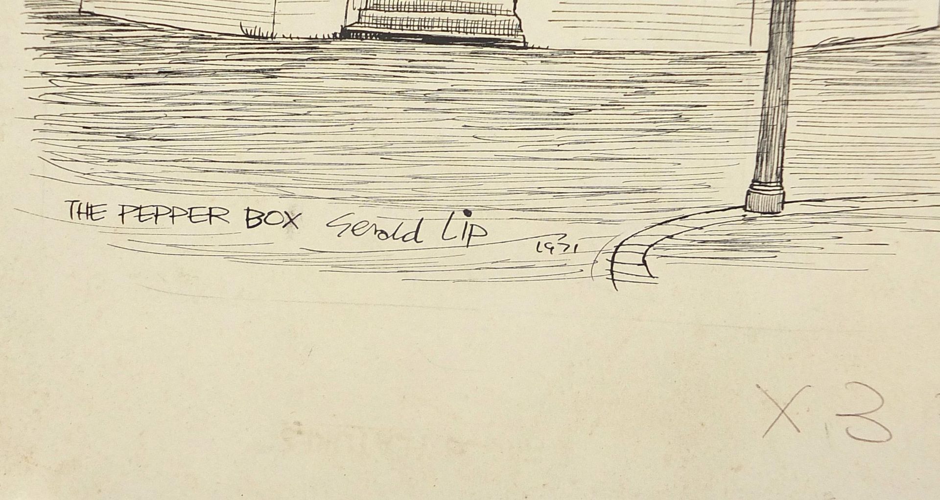 Gerald Lip 1971 - The Pepper Box and Clocktower Brighton, two pen and inks on card, one mounted, - Image 3 of 8