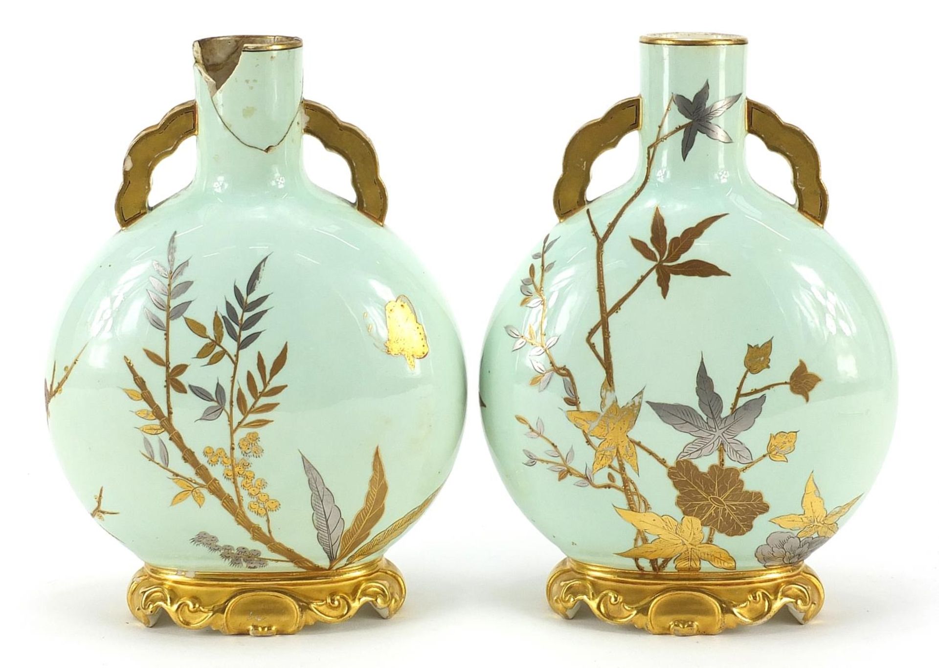 Manner of Christopher Dresser, pair of Victorian Royal Worcester aesthetic porcelain moon flasks - Image 2 of 4