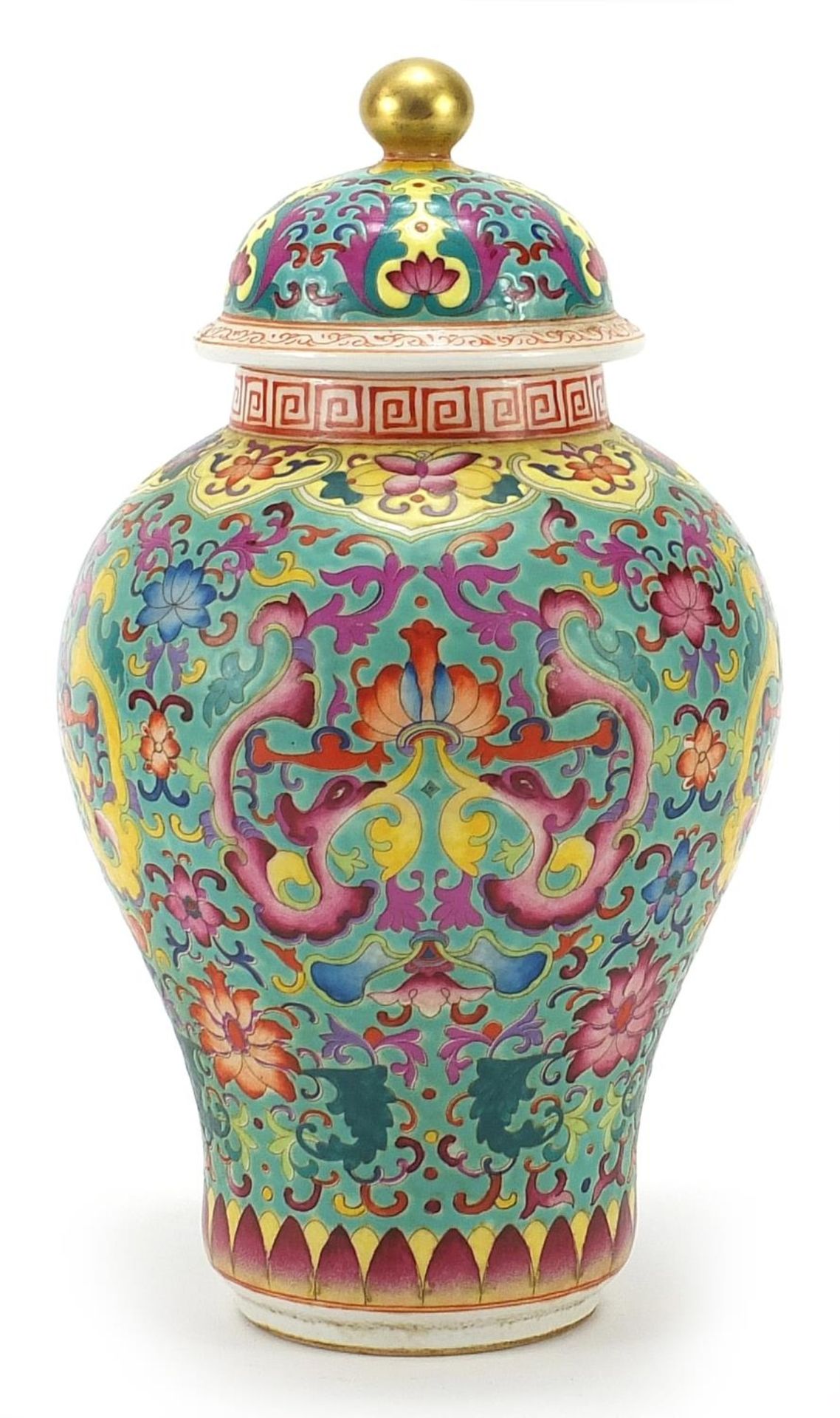 Chinese porcelain baluster vase and cover hand painted in the famille rose palette with flowers