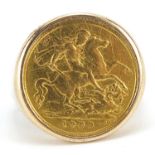 Edward VII 1909 gold half sovereign with 9ct gold ring mount, size Q, 11.7g