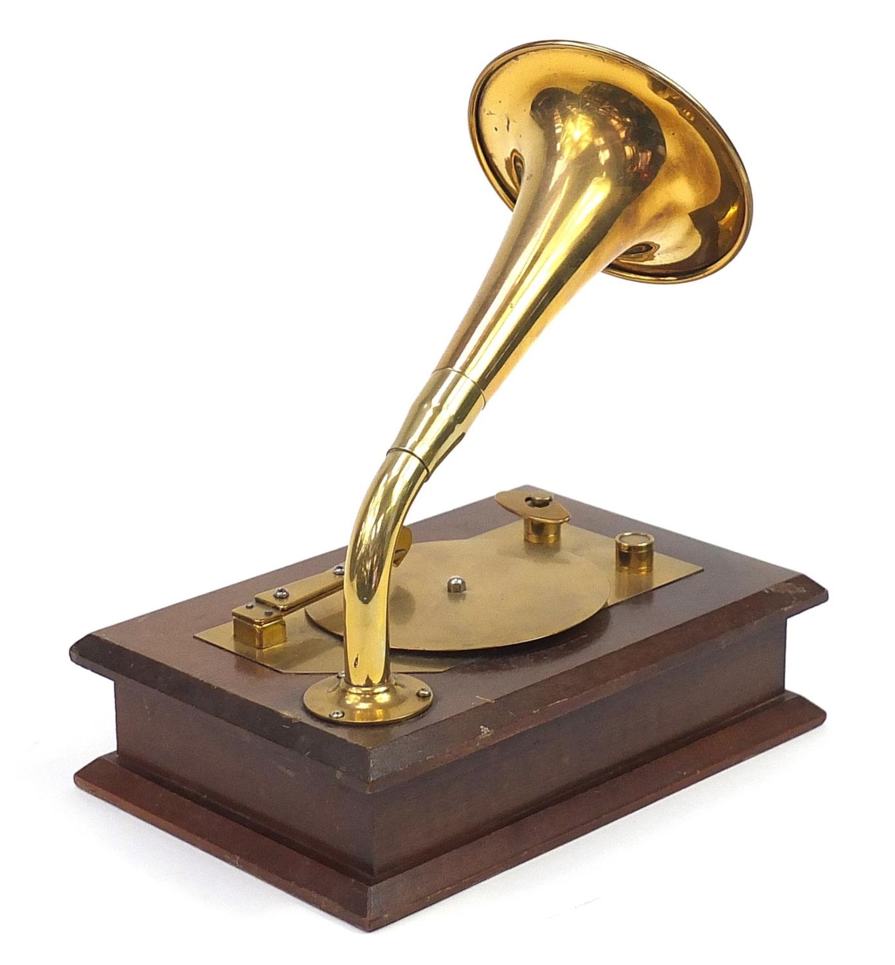 Mahogany and brass gramophone design music box, 28cm high - Image 2 of 3