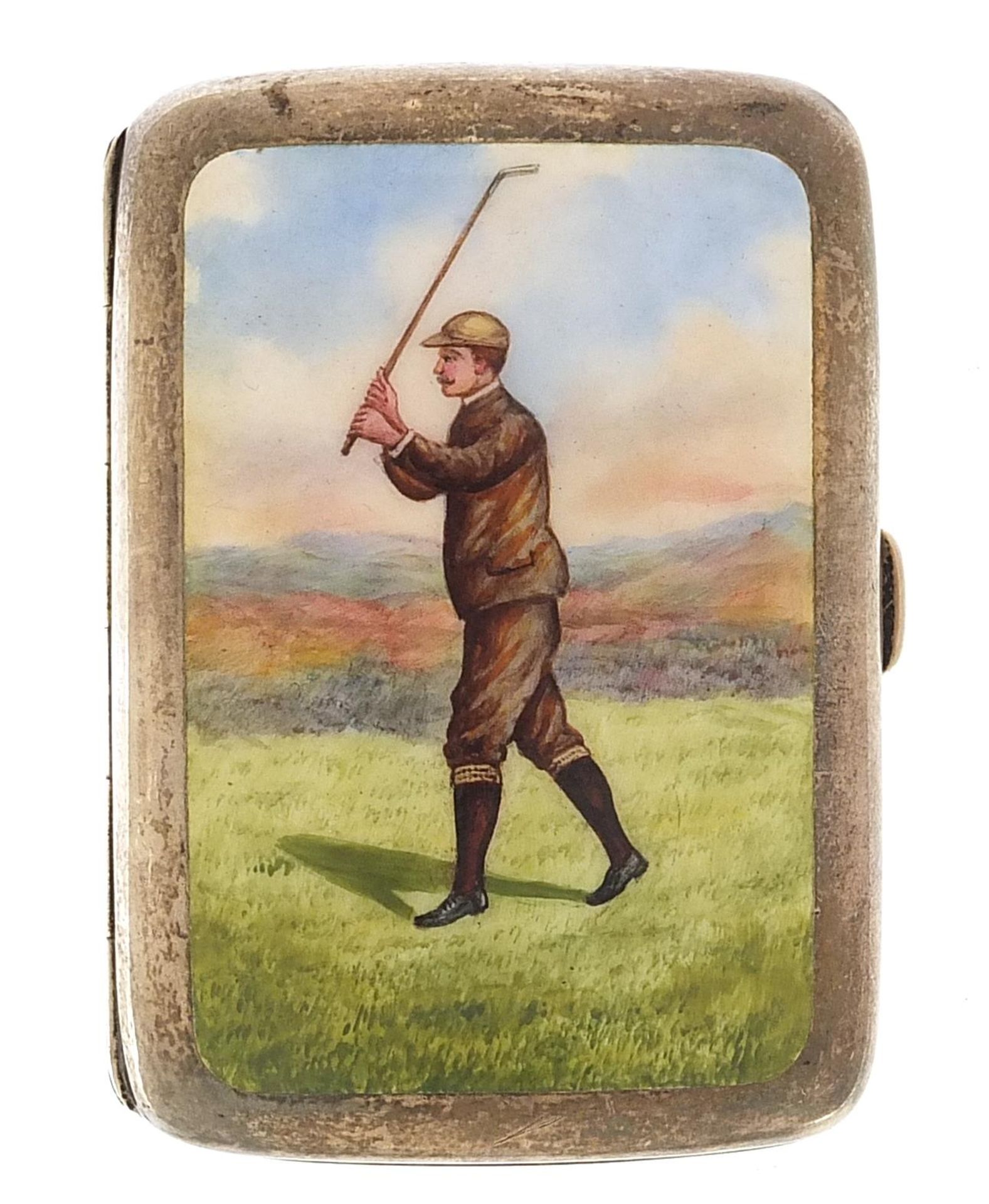 Hayes & Co, Edward VII silver cigarette case enamelled with a gentleman playing golf , Birmingham
