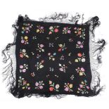 Black silk shawl embroidered with flowers, 140cm x 140cm