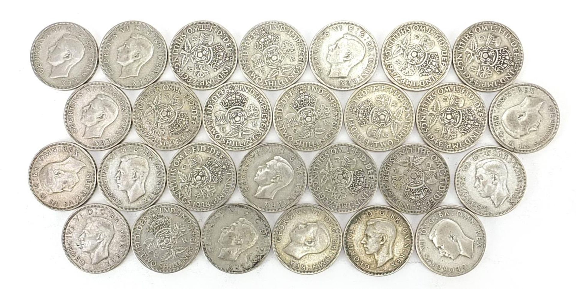 Twenty seven George VI pre 1947 two shillings, 301.6g