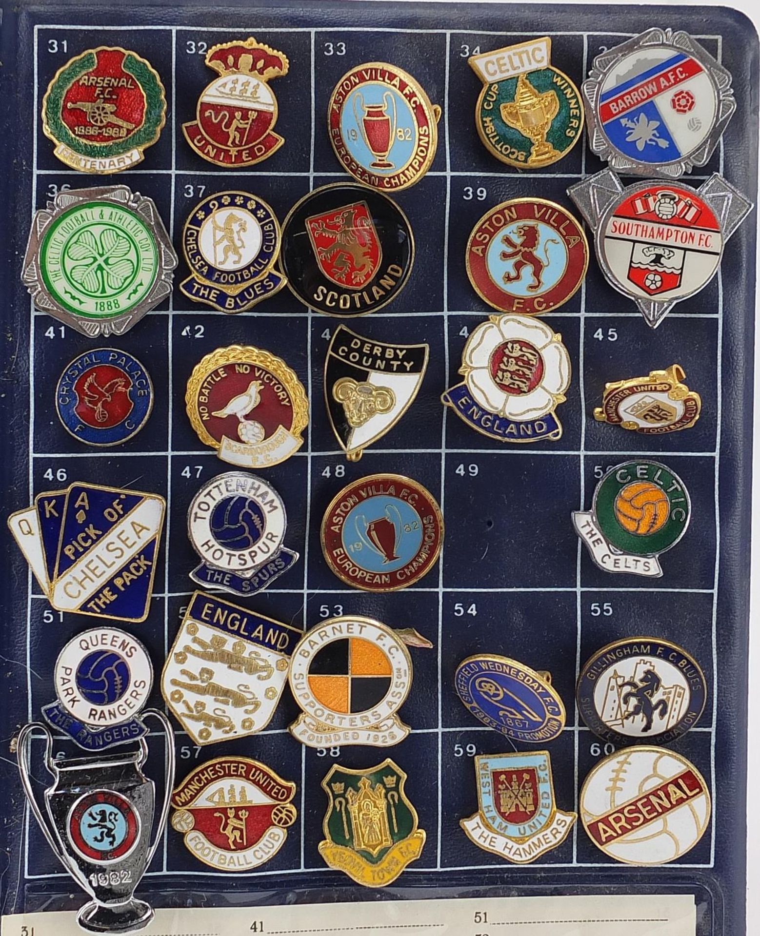 Collection of vintage football pin badges including Liverpool, Portsmouth, Arsenal, Chelsea, Aston - Image 3 of 4