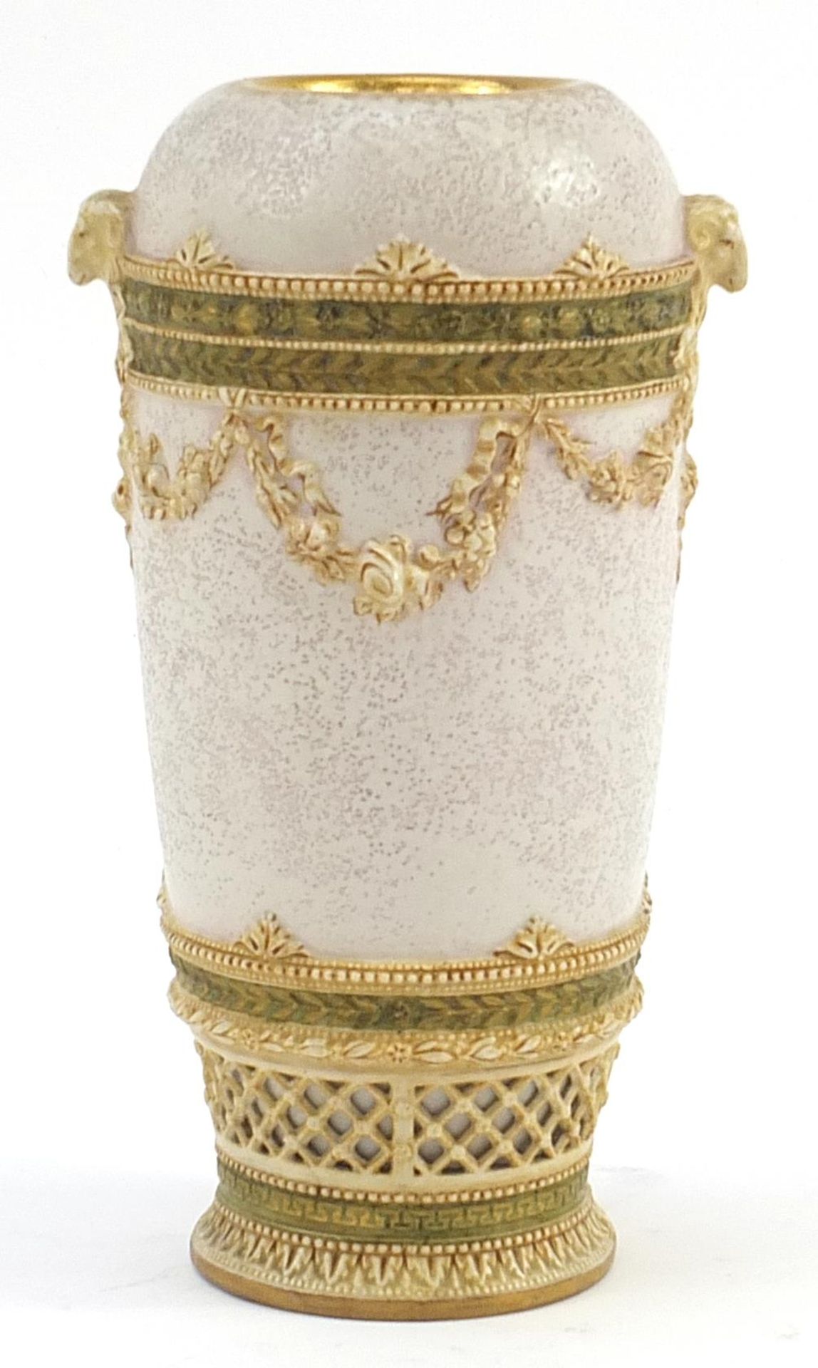 Austrian porcelain vase with rams head handles decorated with swags, numbered 9383 to the base, 26. - Image 2 of 4