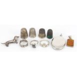 Silver jewellery and objects including a Charles Horner enamelled thimble, oval locket and Dachshund