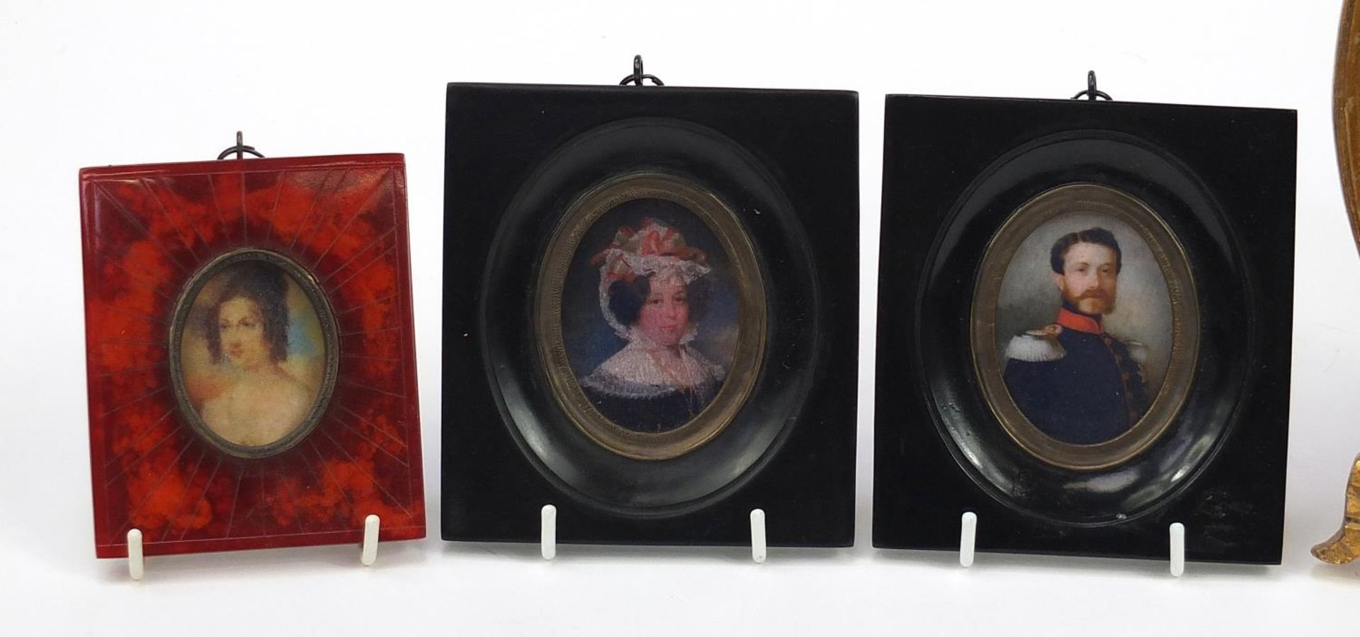 Four pairs of portrait miniatures including giltwood bow design frames, the largest 24cm high - Image 2 of 6