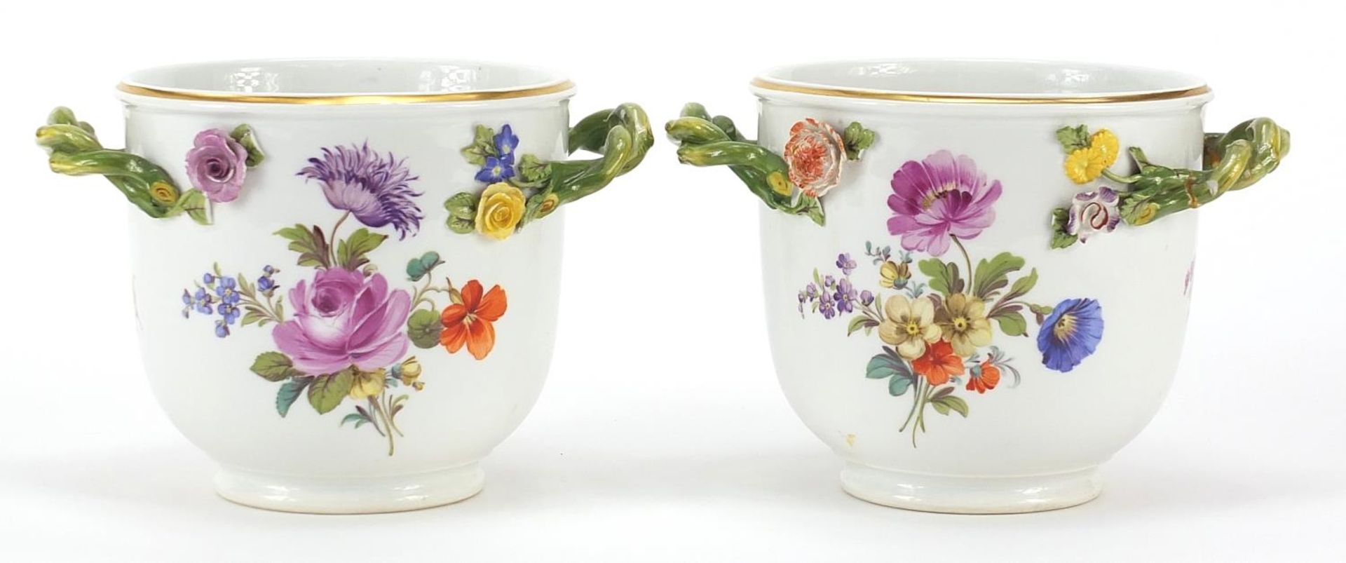 Meissen, pair of German porcelain cache pots with twin handles, each hand painted with Deutsche - Image 2 of 3