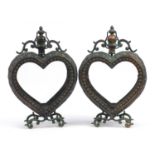 Pair of ornate love heart design tealight holders with glass panels, 53cm high