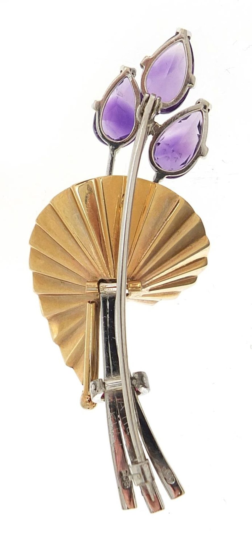 Alabaster & Wilson, Art Deco style 9ct two tone gold amethyst and ruby brooch, 6cm wide, 10.8g - Image 2 of 3