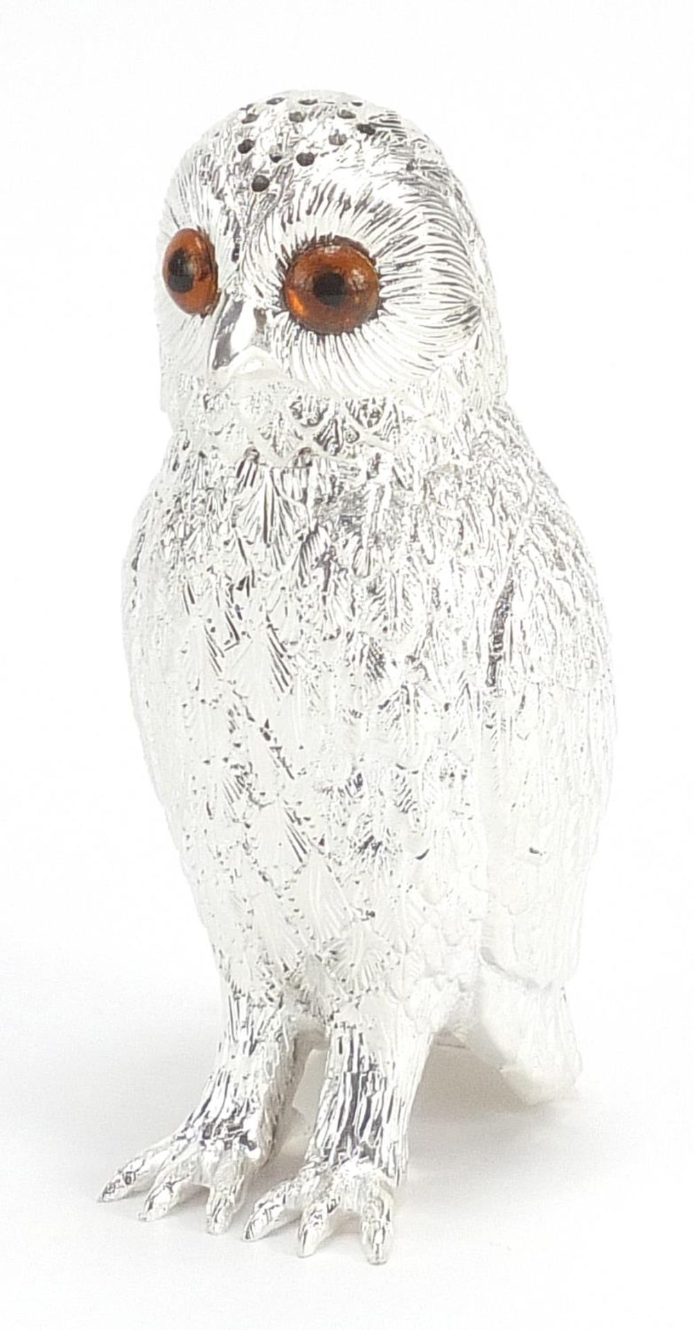 Large novelty silver plated caster in the form of an owl, 15cm high