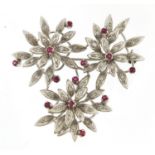 18ct white gold ruby and diamond floral bouquet brooch, 4cm high, 14.6g