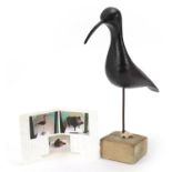 Guy Taplin, early painted wood carving of a shorebird on square block base, signed to the