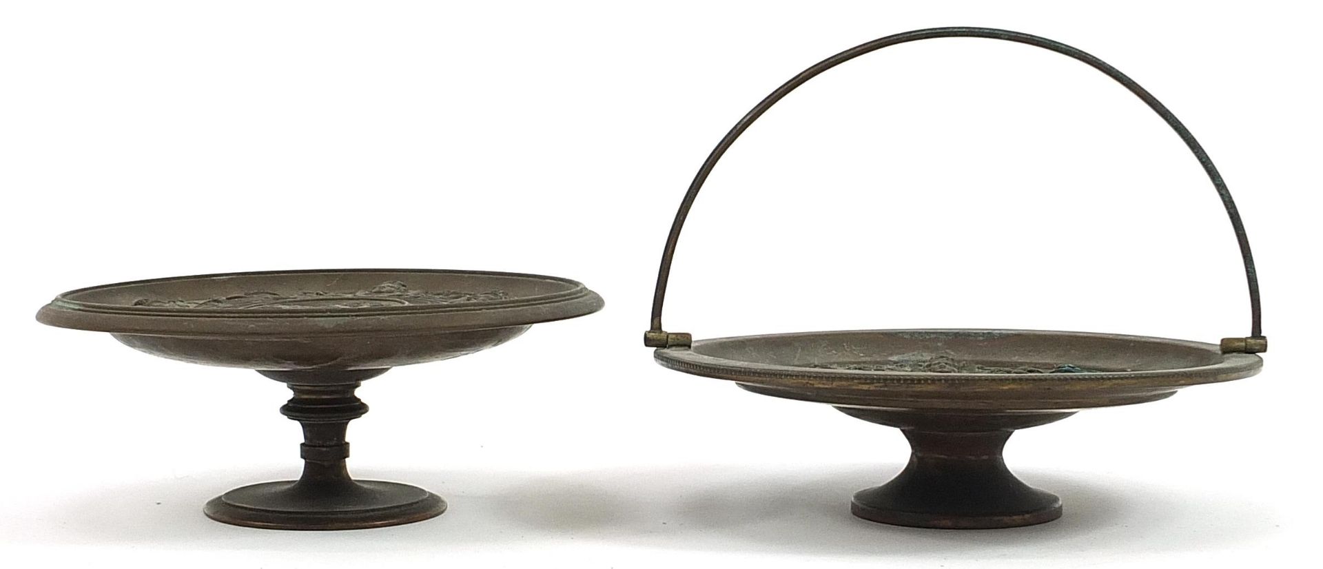 Grand Tour bronzed comport and pedestal dish with swing handle, each decorated with classical