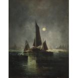 Moonlit seascape with boats, oil on board, mounted and framed, 24.5cm x 19cm excluding the mount and