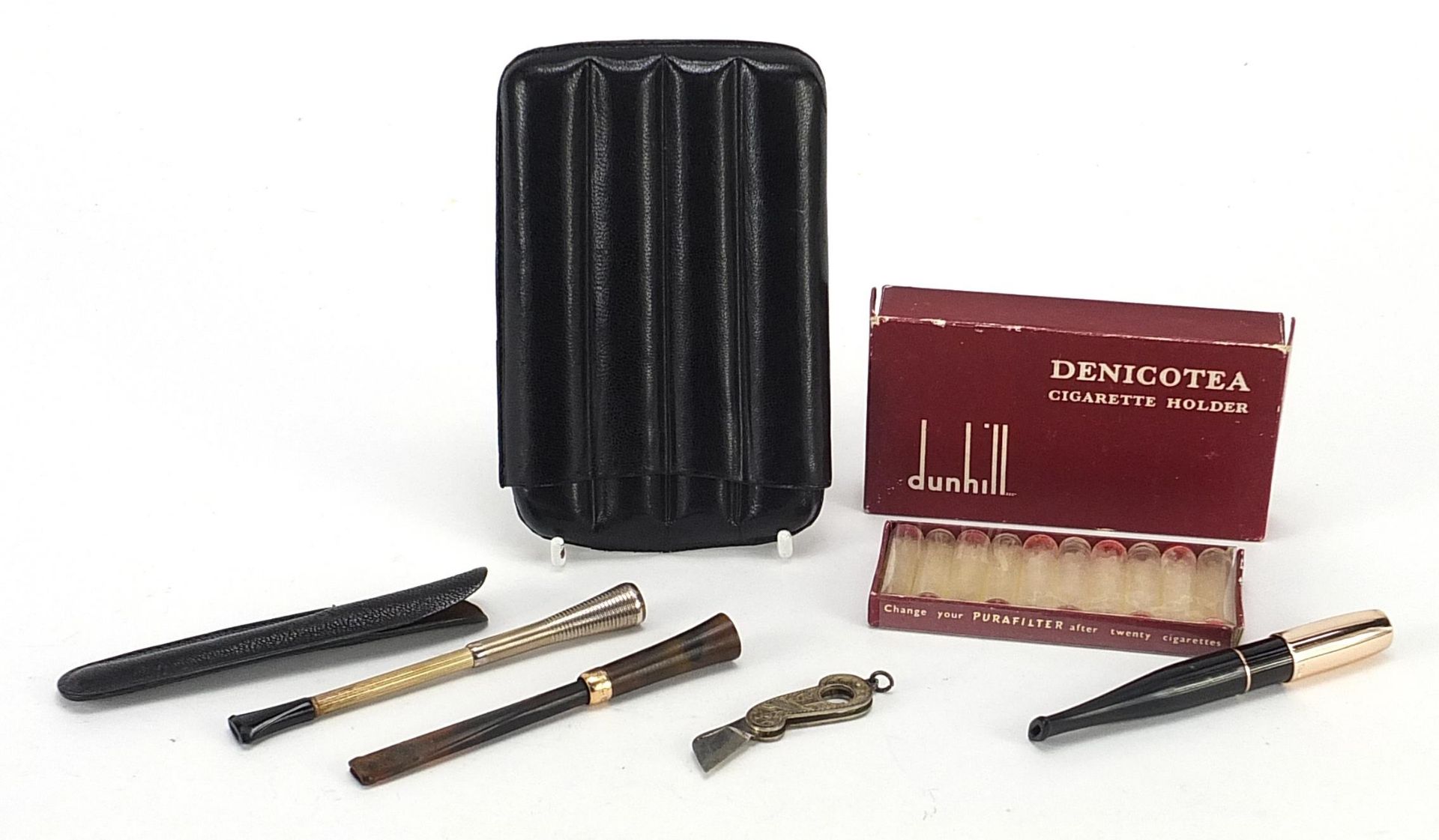 Smoking items including Dunhill cigarette holder, faux tortoiseshell cigarette holder with 9ct