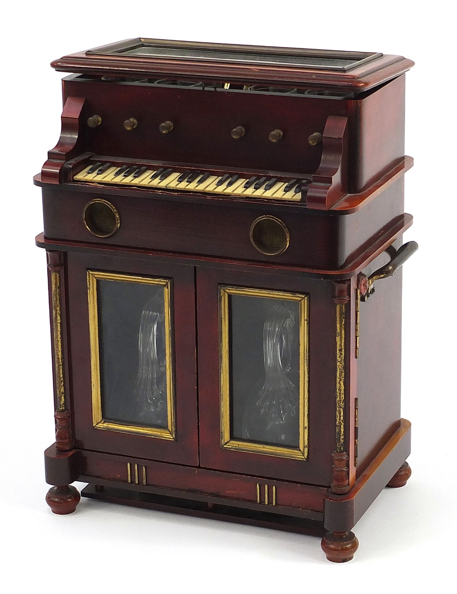 Novelty 19th century hardwood musical liqueur cabinet in the form of a piano with lift up top and - Image 9 of 12