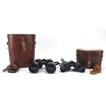 Two pairs of Ross binoculars with leather cases comprising Tropical Ten numbered 10489 and