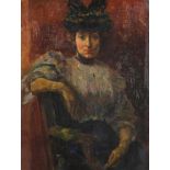 Three quarter length portrait of a seated female wearing a hat, oil on board, mounted and framed,