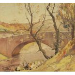 John Smith Atherton - Hubberholme Bridge, early 20th century watercolour, mounted, framed and