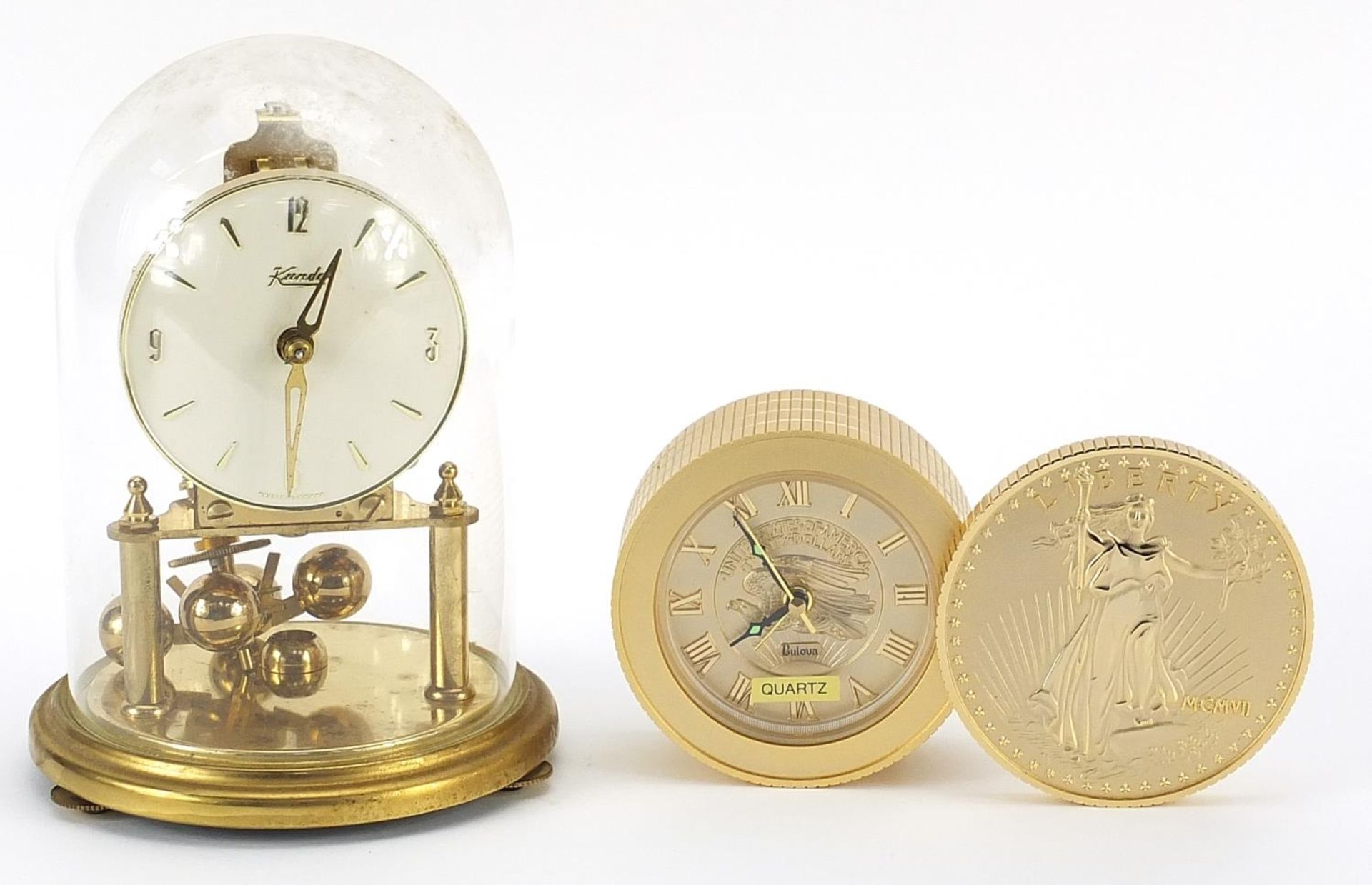 Kundo anniversary clock and Bulova quartz Liberty coin design desk clock, the largest 18cm high - Image 2 of 6