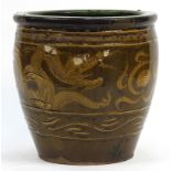 Large Chinese stoneware jardiniere decorated in low relief and incised with dragons, 50cm high x