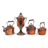 Three Victorian copper teapots with brass handles and a Loysels copper and brass samovar, the