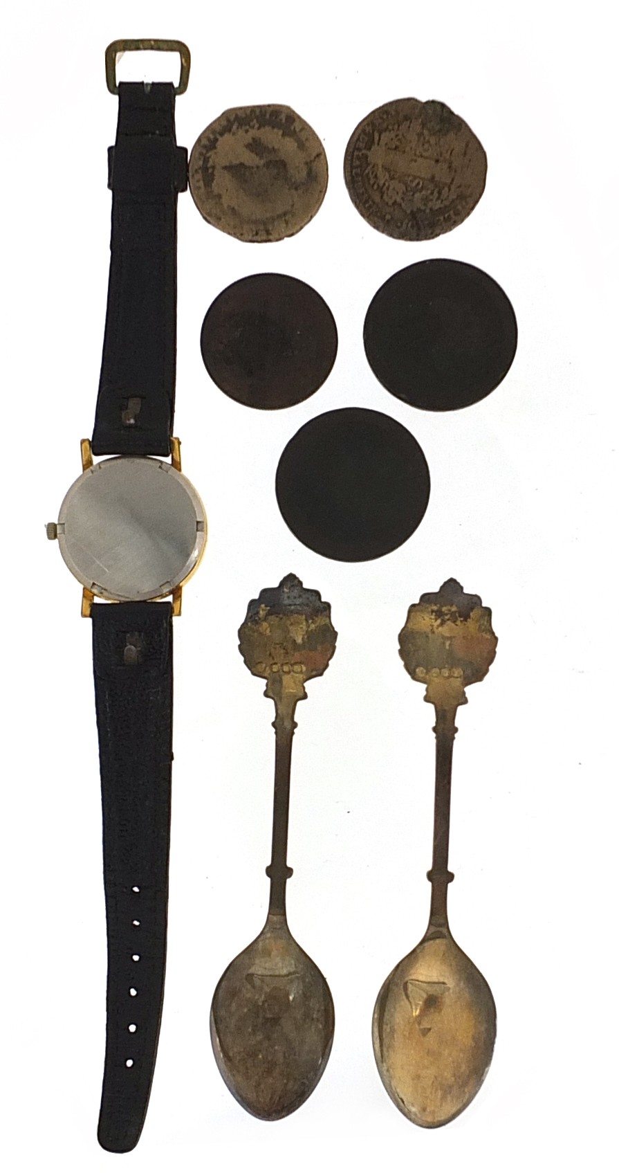 Objects comprising vintage Tissot Seastar wristwatch, two silver teaspoons and five antique coins - Image 2 of 3