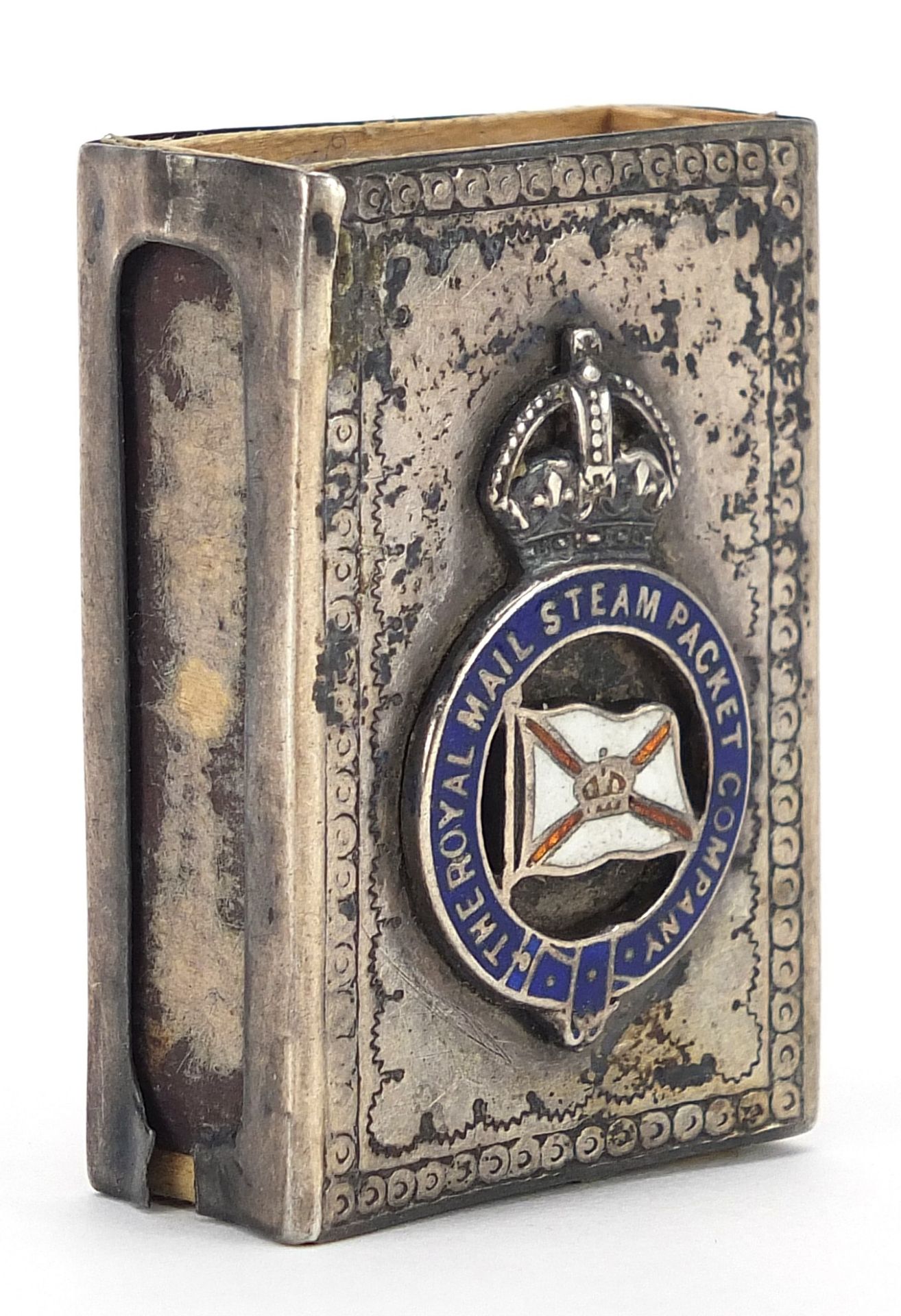 Royal Mail Steam Packet Company silver and enamel matchbox case, indistinct maker's mark, Birmingham