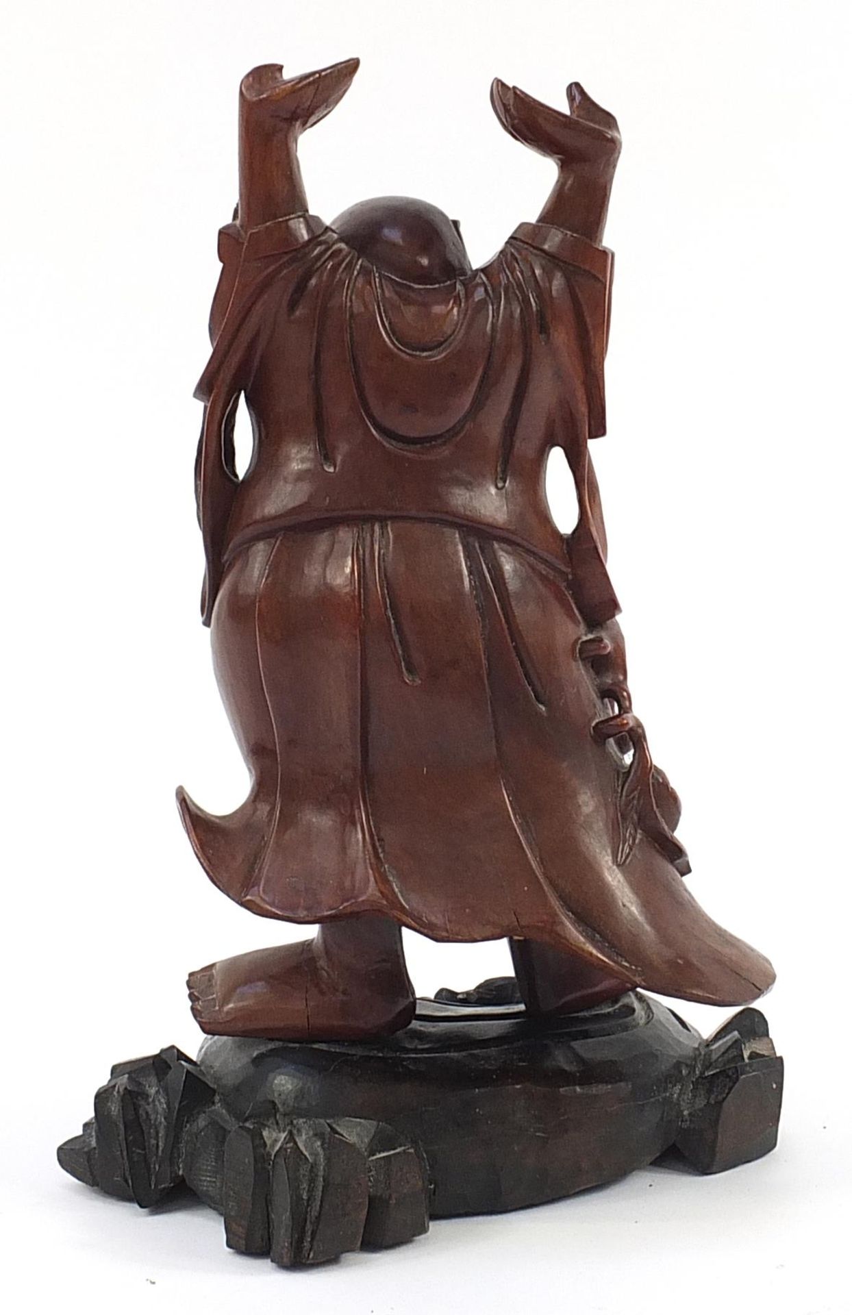 Large Chinese carved hardwood figure of Happy Buddha on stand, 40cm high - Image 2 of 3