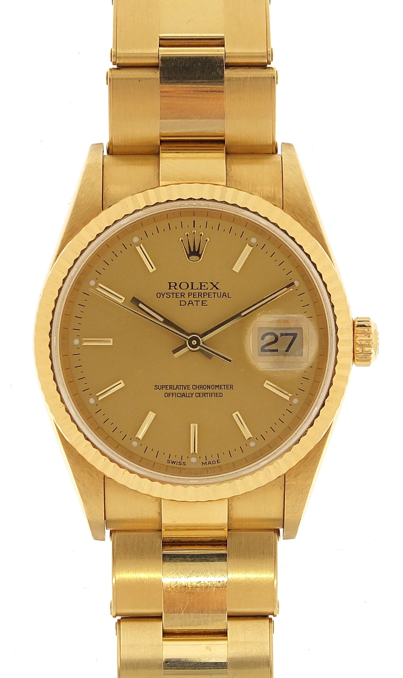 Rolex, 18ct gold gentlemen's Oyster Perpetual Date automatic wristwatch with champagne dial and 18ct