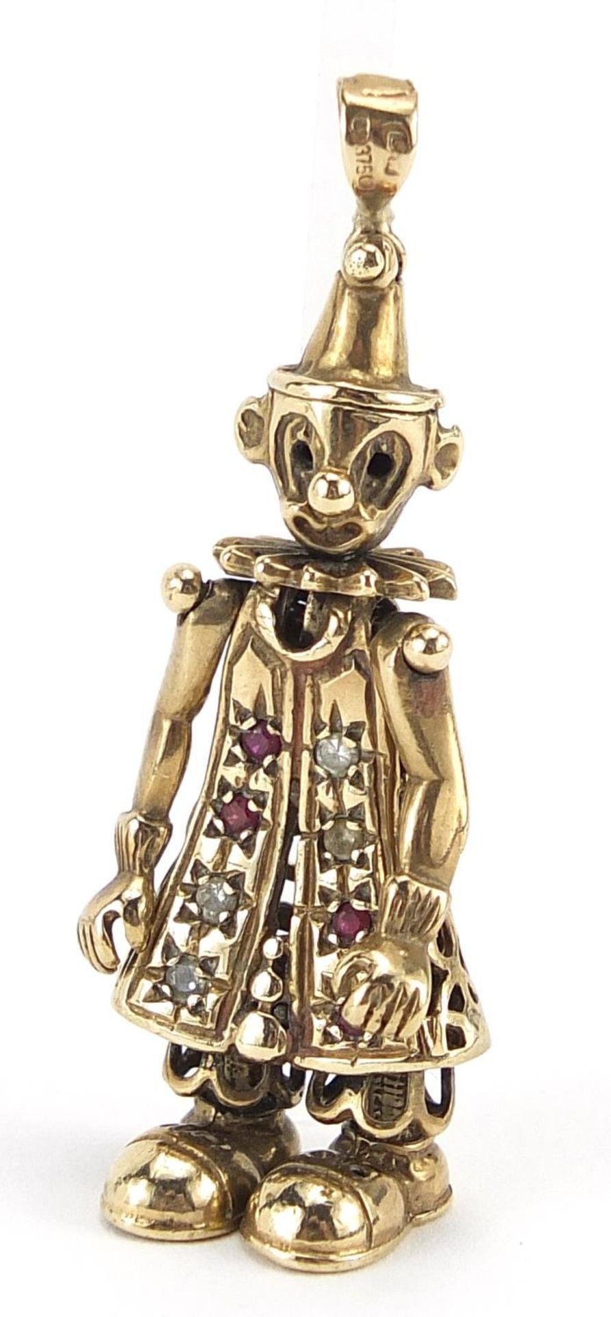 9ct gold articulated clown pendant set with pink and clear stones, 4.5cm high, 6.0g