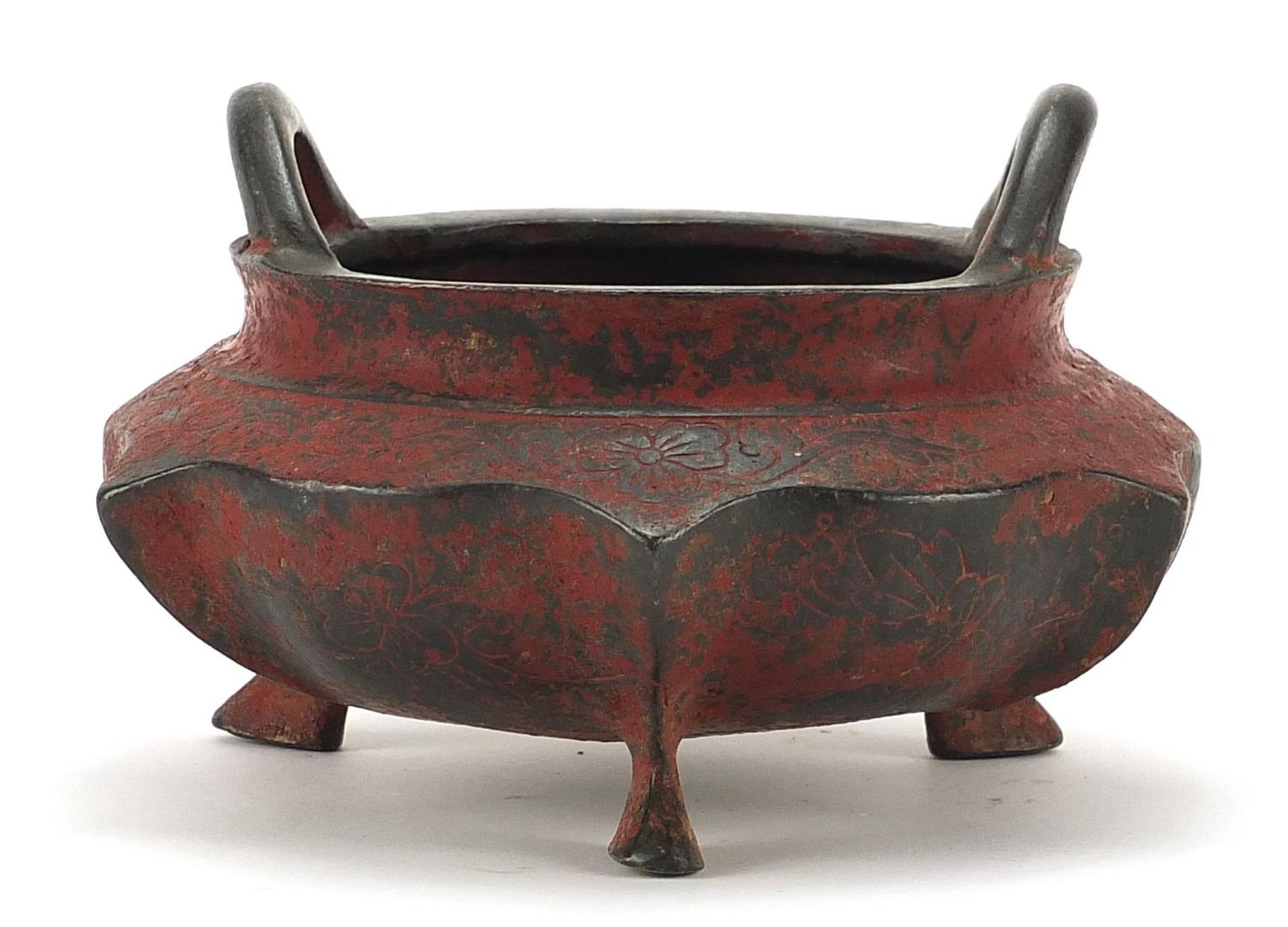 Chinese lacquered patinated bronze tripod censer with twin handles, four figure character marks to - Image 2 of 4