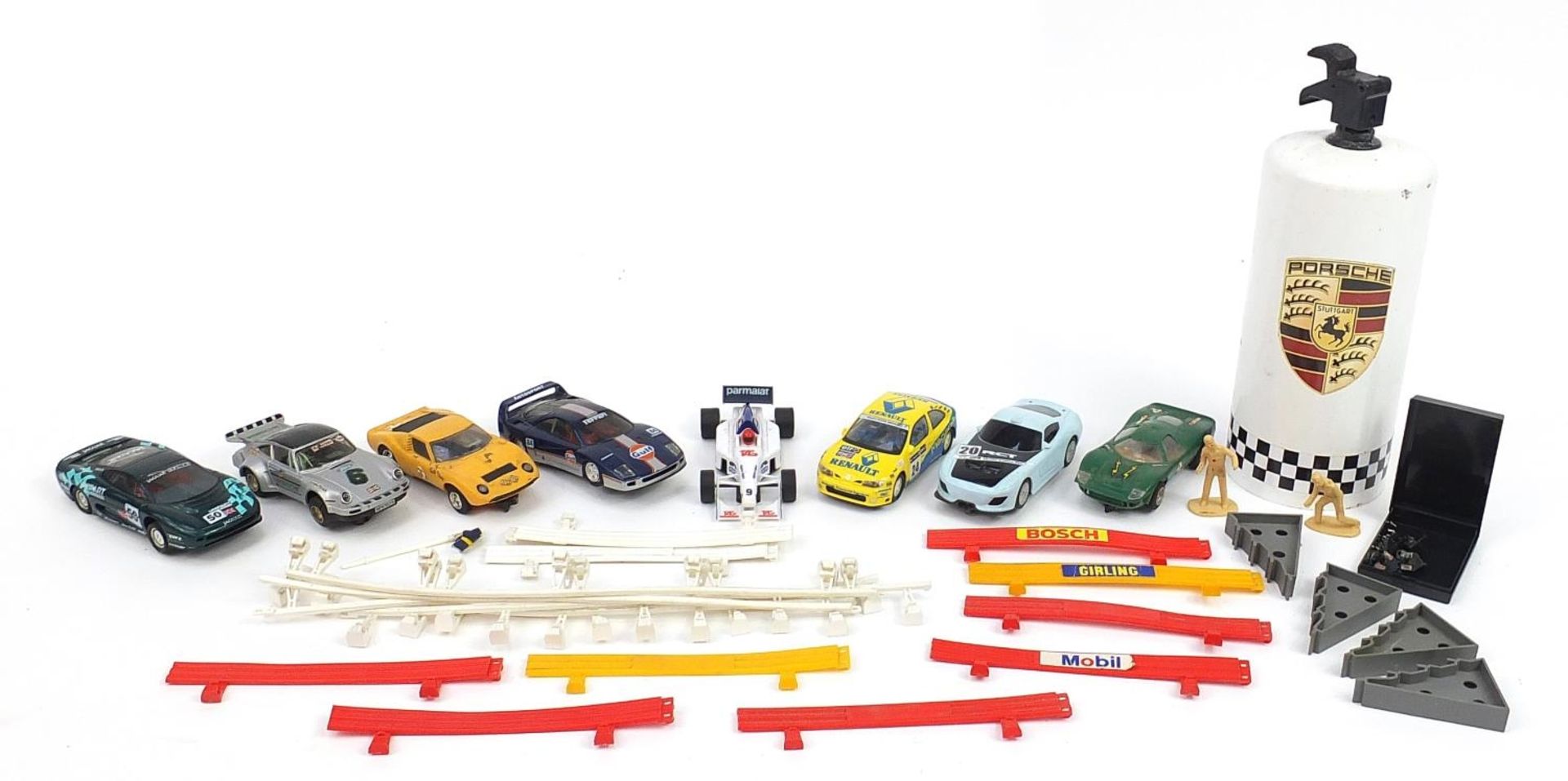 Group of vintage model racing cars and track including Scalextric, Hornby and enamelled Porsche fire