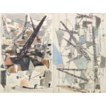 Construction scenes, pair of abstract ink and watercolours on paper, unframed, the largest 67.5cm