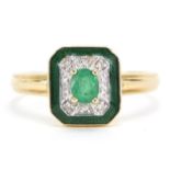 Art Deco style 14ct gold emerald and diamond ring, size O, 2.6g